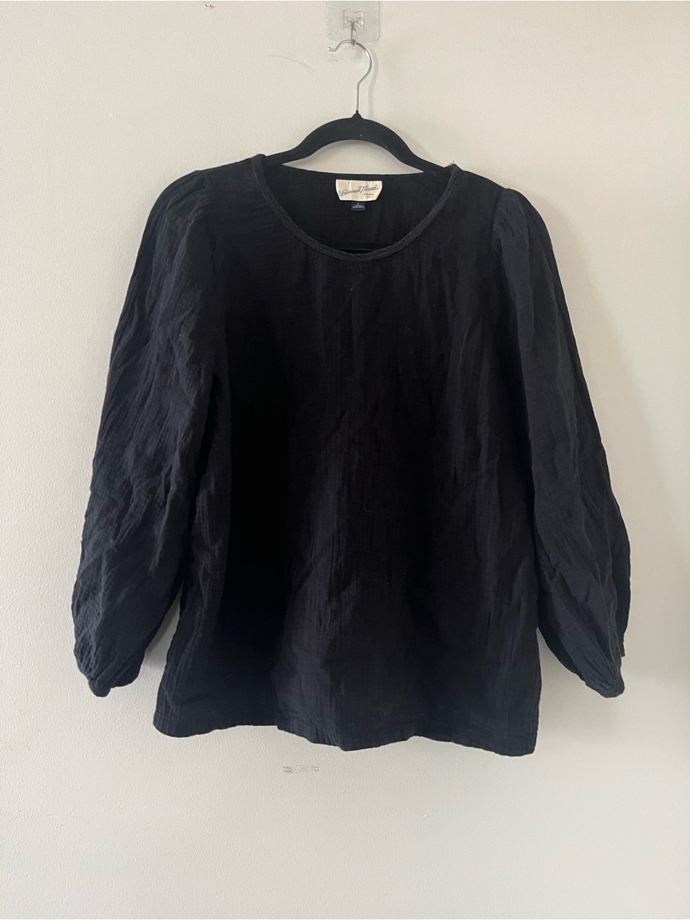 Black 100% Cotton Gauze Long Sleeve Peasant Top Large Cottagecore Prairie Fall